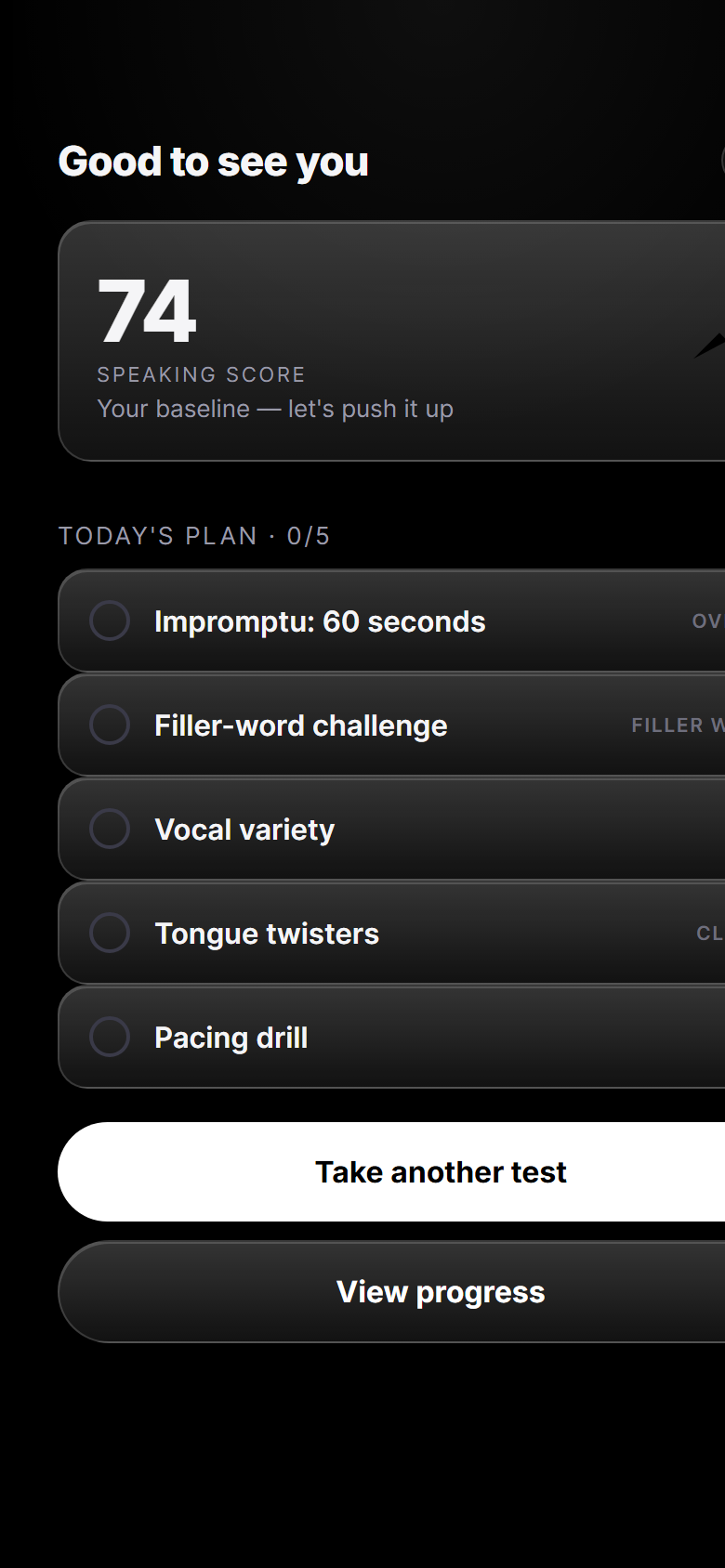 FixMySpeaking daily plan screen