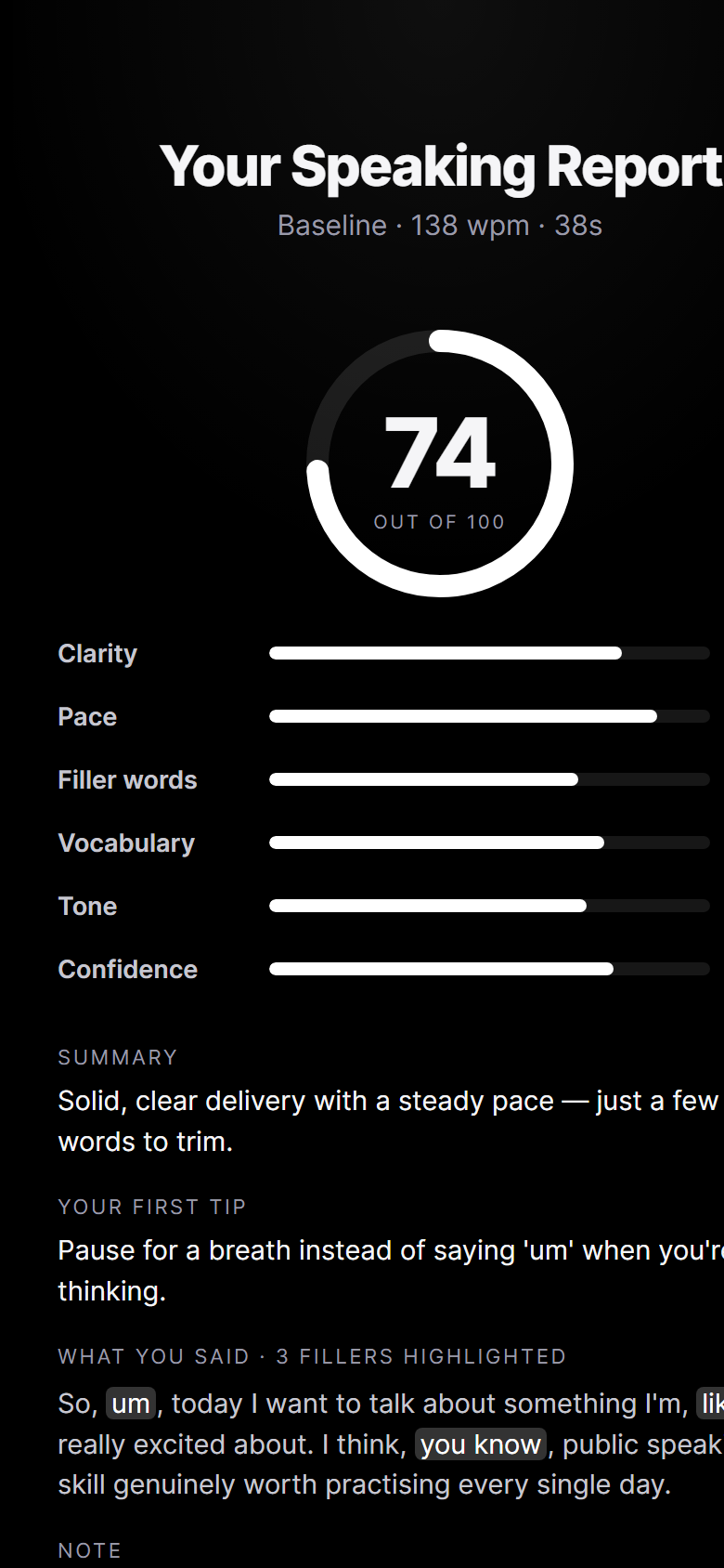 FixMySpeaking Speaking Report screen